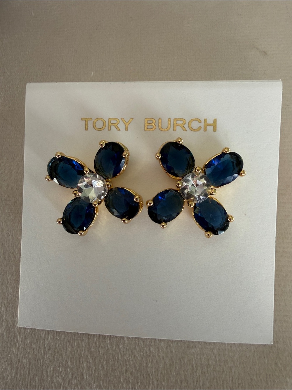 Tory Burch Gold-Tone Navy Crystal Clover Studs